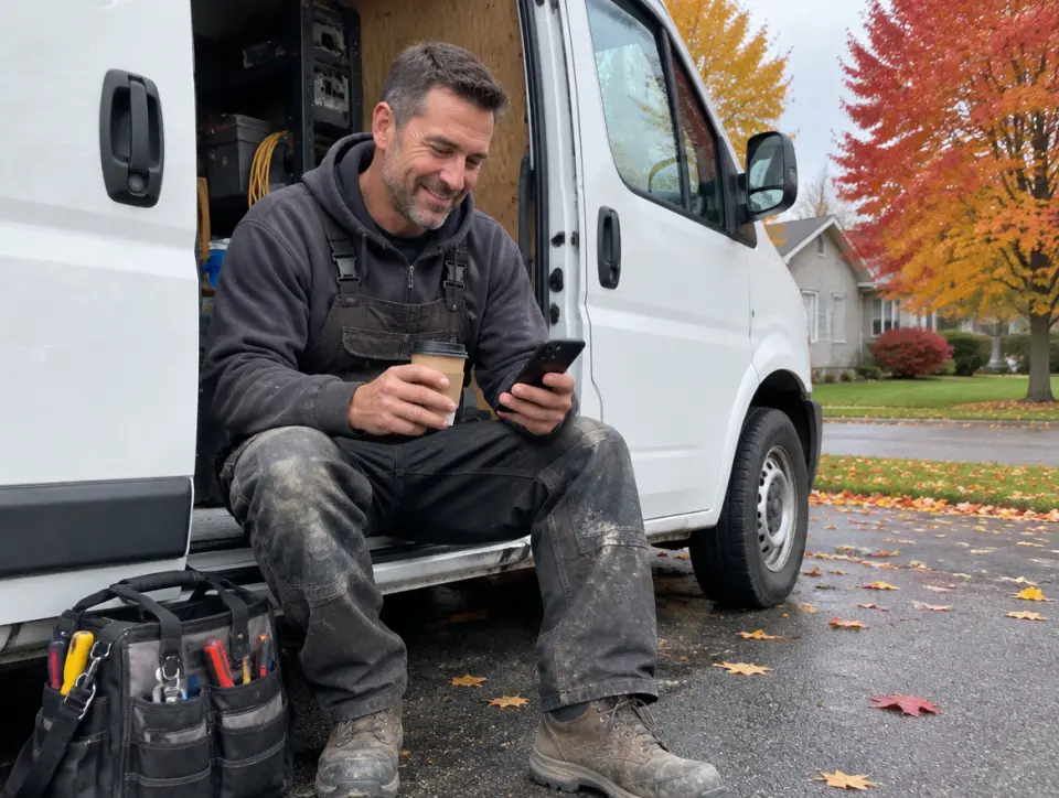 Électricien à son compte assis dans son camion