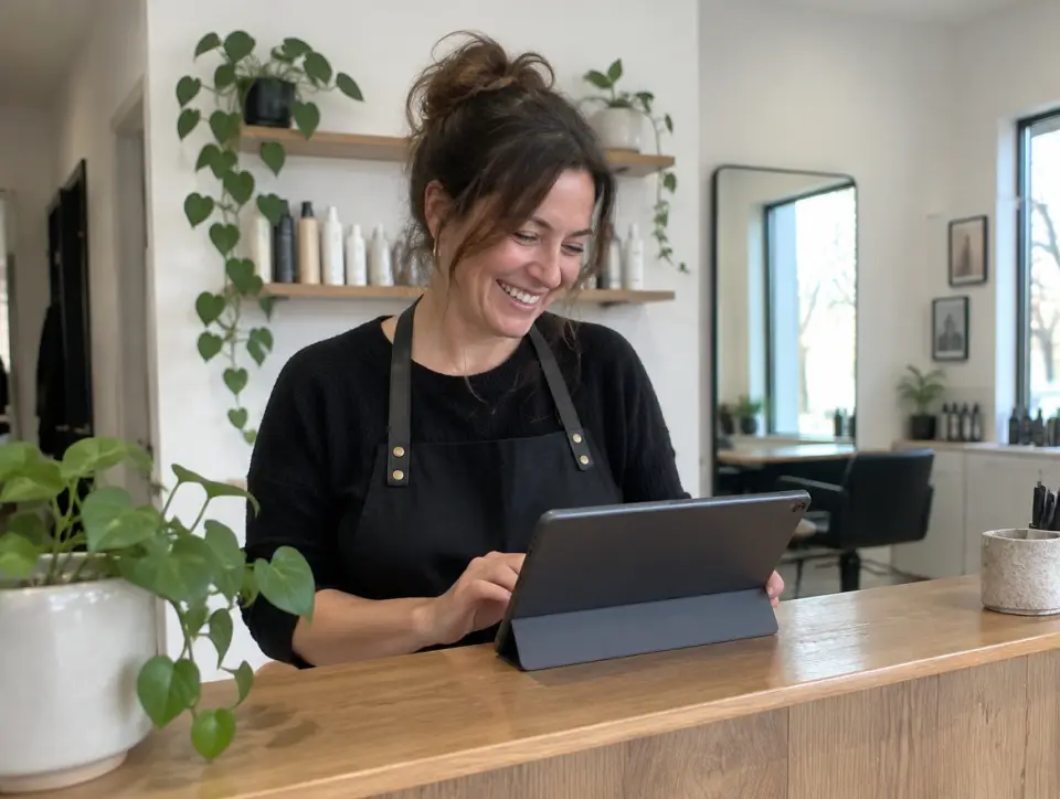 Propriétaire d'un salon de coiffure à son comptoir